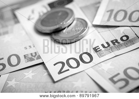Closeup Of Euro Banknotes And Coins