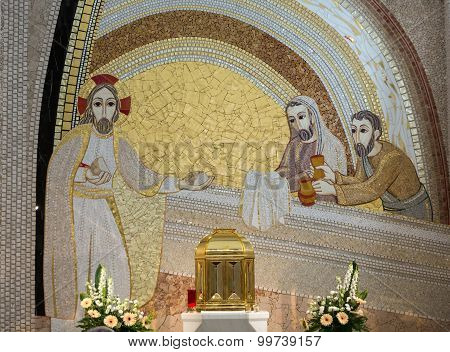 KRAKOW, POLAND - MAY 31, 2015: Cracow Lagiewniki - The centre of Pope John Paul II. Mosaics on the church wall with biblical scenes