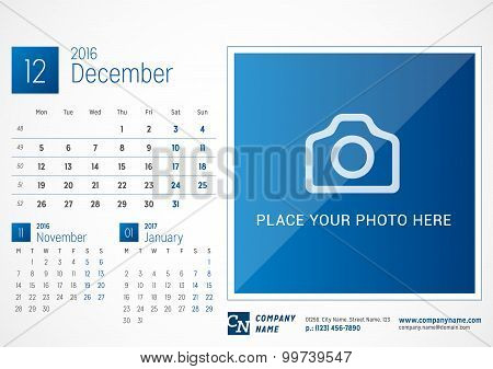 Desk Calendar 2016. Vector Print Template. December. Week Starts Monday
