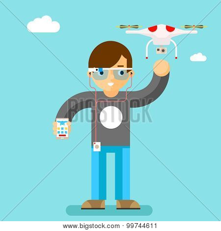 Drone action camera mobile control. Geek with smart glass
