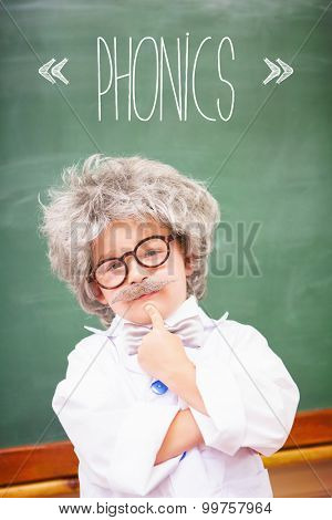 The word phonics against pupil wearing peruke and eyeglasses