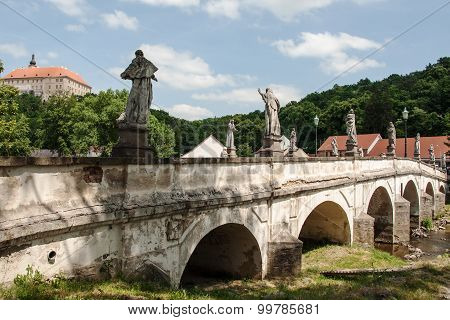 Baroque bridge with statues and Castle in Namest nad Oslavou