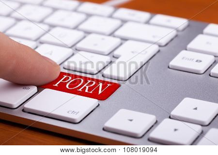 Finger Pressing On Red Button With Porn Word On It