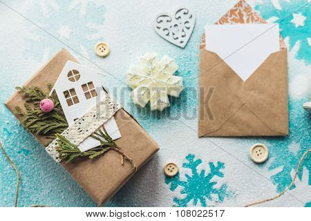 Cute Vintage Christmas New Year Gifts Mock Up On Wooden Background.