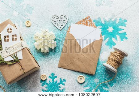 Cute Vintage Christmas New Year Gifts Mock Up On Wooden Background.