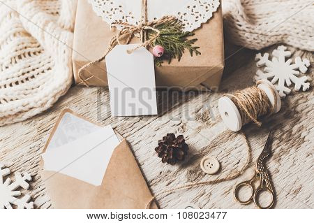 Cute Vintage Christmas New Year Gifts Mock Up On Wooden Background.