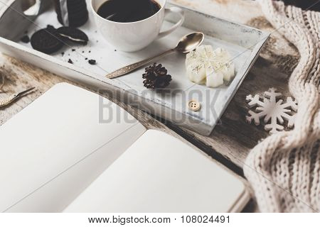 Cute Vintage Christmas New Year Gifts Mock Up On Wooden Background.