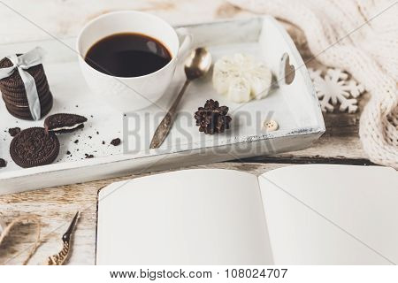 Cute Vintage Christmas New Year Gifts Mock Up On Wooden Background.