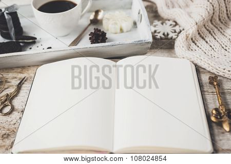 Cute Vintage Christmas New Year Gifts Mock Up On Wooden Background.
