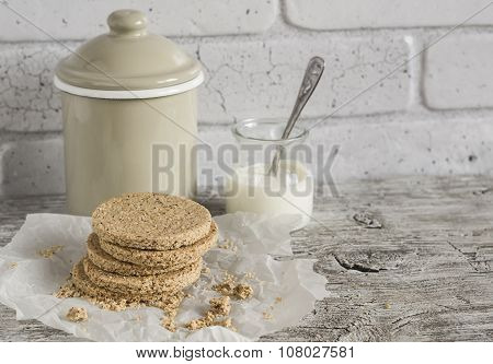Homemade Scottish Oatcakes,  On Bright Wooden Surface. Healthy Food. Rustic Style