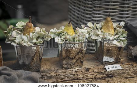 Decoration Of Shop Windows - Pears And Hydrangea Blooms In A Vintage Metal Buckets. Soft Focus. Vint