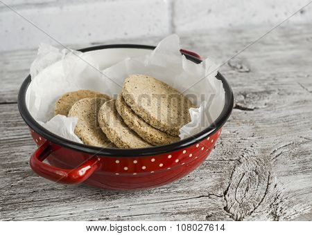Homemade Scottish Oatcakes,  On Bright Wooden Surface. Healthy Food. Rustic Style