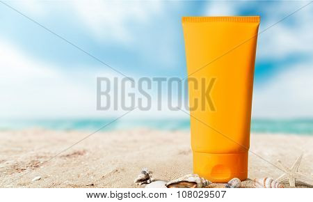 Sun lotion beach sand yellow white nobody
