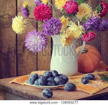 Still Life With Asters And Plums.