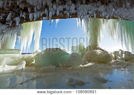 Icicles in Cave - Grand Island Ice Curtains On Lake Superior - Munising, Michigan