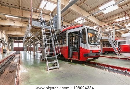 Moscow/russia - June , 2014; Tram Inside The Depot. Krasnopresnenskaya Tram Depot, Strogino.