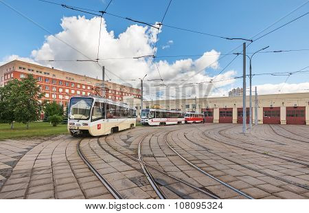 Moscow/russia - June , 2014; Tram Depot Exterior. Krasnopresnenskaya Tram Depot, Strogino.