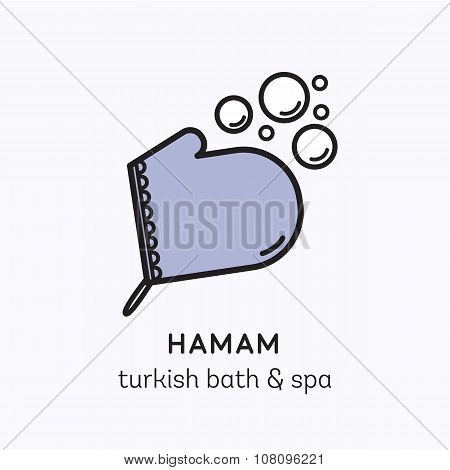 Vector logo line art icon for hamam - turkish bath or spa center. Illustration of kese mitten with f