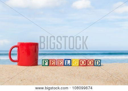 Word Feelgood In Colorful Alphabet Blocks On Tropical Beach