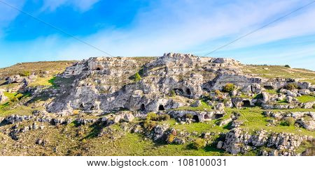 Rupestrian Church, Historic Building. Sassi Of Matera. Basilicata Under Blue Sky