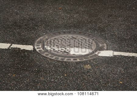 road markings on a round sewer manhole