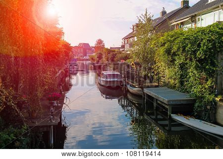 Narrow Canal Between The Buidings In Zwanenburg, The Netherlands