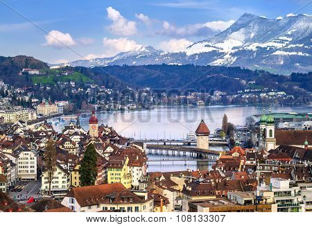 Lucerne, Switzerland, Aerial View Of The Old Town, Lake And Rigi Mountain