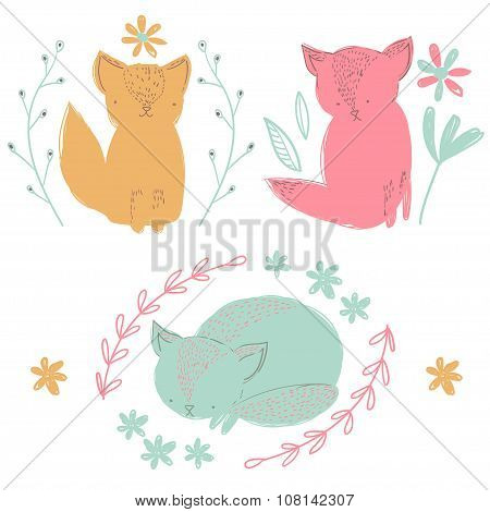 Cute hand drawn kittens set