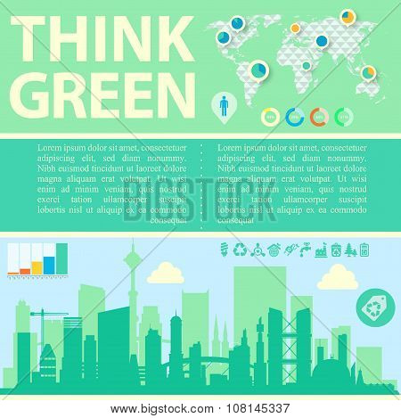 Think Green Vector illustration with downtown and infographics