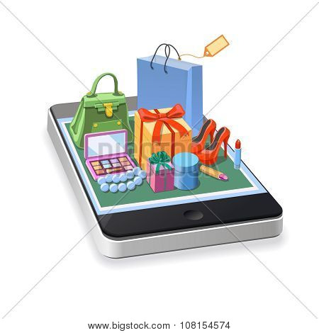 Mobile online shopping of  woman accessories concept. gift boxes, pomade, shoes, bag and cosmetics l