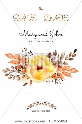 Ready-made beautiful wedding card of yellow flowers and leaves.