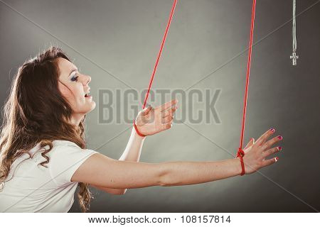 Tied Woman Forced To Pray. Fake Faith. Religion.