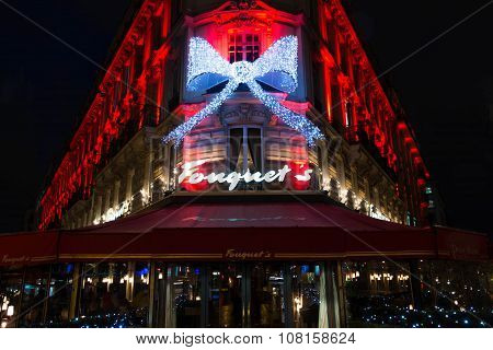 The Christmas Decorations On Fouquets Resatuarant, Paris, France.
