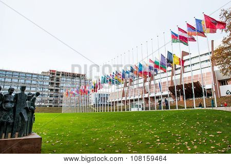 STRASBOURG FRANCE - 14 Nov 2015: All European Union Flag flies at half-mast in front of the Council of Europe following an terrorist attack in Paris