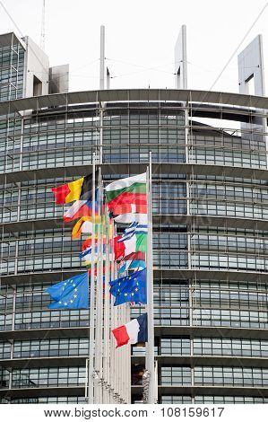 European Union Flags And France Flag Flies At Half-mast