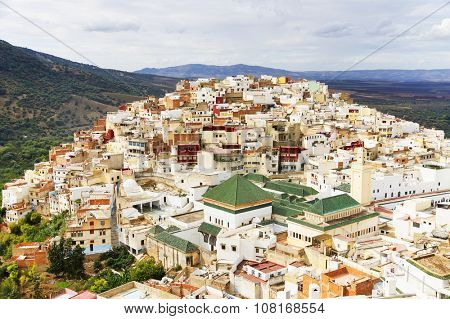 Aerial view of Moulay Idriss, the holy town in Morocco, named after Moulay Idriss I, arrived in 789 bringing the religion of Islam