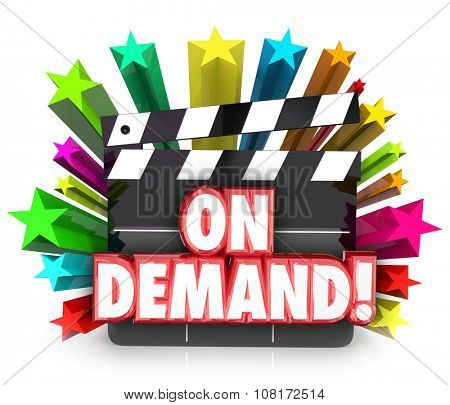 Video On Demand or VOD on a movie clapper board to illustrate streaming movies or films to watch or rent at home on television over cable or Internet