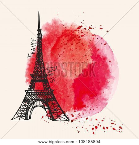 Eiffel tower,Watercolor red splash.Paris card