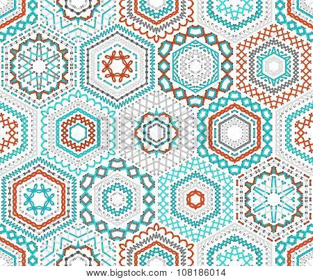 Seamless Hexagons Embroidery Pattern.