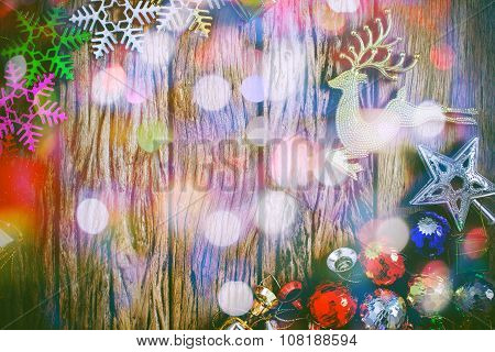 Old Grunge Wooden Board And Christmas Border With Bokeh Blur Light Background.