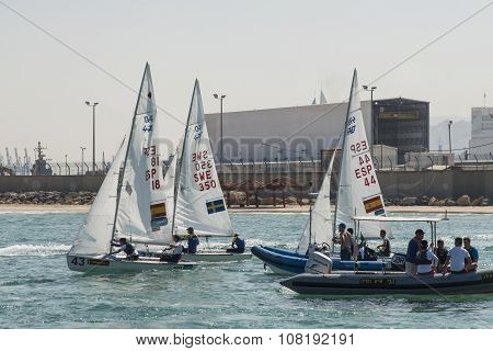 Haifa, Israel - October 16, 2015 : World Championship 2015, sailing schooners model 470, on October