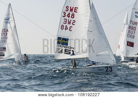 Haifa, Israel - October 16, 2015 : World Championship 2015, sailing schooners model 470, on October