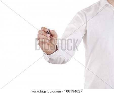 Young man writing with black marker on white background. Clipping path included. 