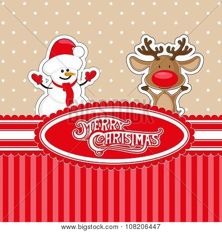 Vector Banner Merry Christmas Candy Box With Snowman In Santa Claus Red Hat And Deer