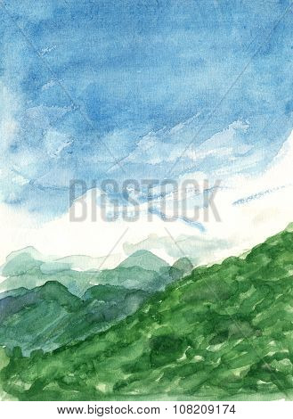 Watercolour landscape with blue sky and green grassy mountains, painted in the Sierra de Guadarrama