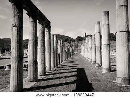 ruins of gymnasium in Ancient city of Messina, Peloponnes, Greece, black and white photo