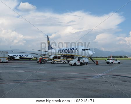 ORIO AL SERIO ITALY- CIRCA SEPTEMBER 2014: Ryanair Jet aircraft on the runway. Ryanair is the biggest low-cost airline company in the world.