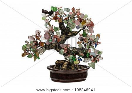 Decorative Tree From Natural Semiprecious Stones Isolated On White Background