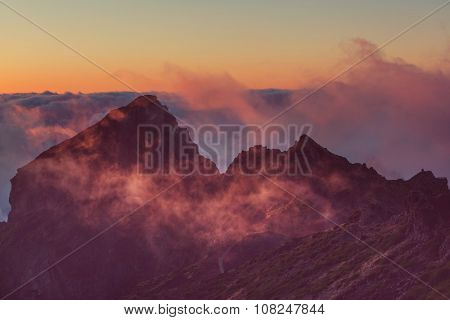 Pico Ruivo and Pico do Areeiro mountain peaks in  Madeira, Portugal