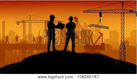 Construction worker at work with worker standing